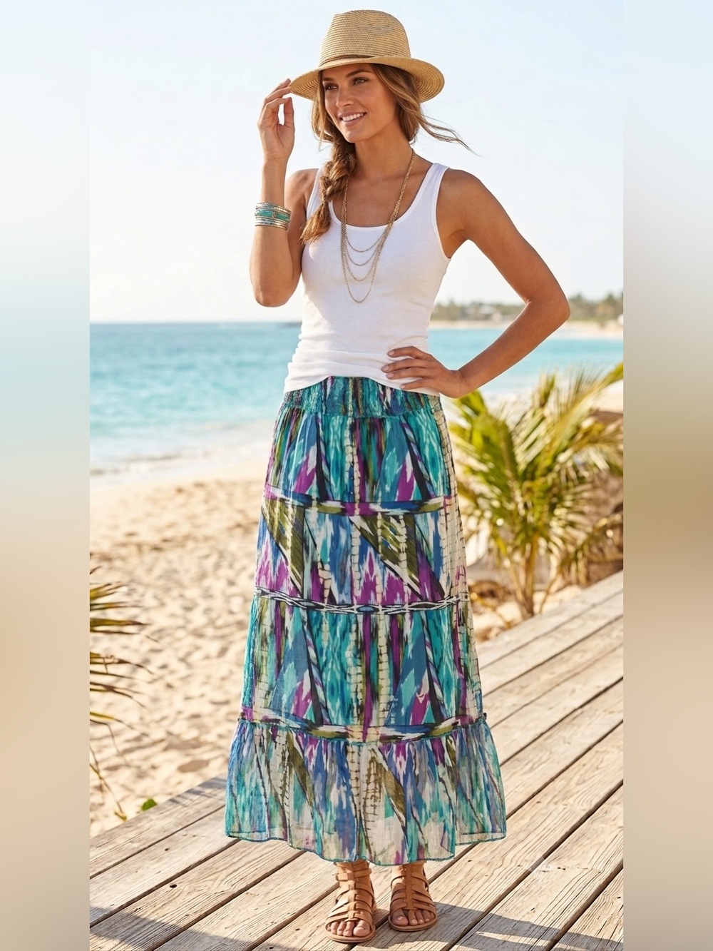 RAGA / Multicolor Boho Tiered Maxi Skirt in Teal, Purple & Blue - Sz. M